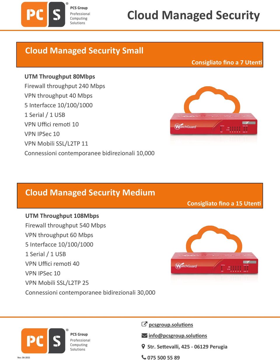 10,000 Cloud Managed Security Medium Consigliato fino a 15 Utenti UTM Throughput 108Mbps Firewall throughput 540 Mbps VPN throughput 60 Mbps