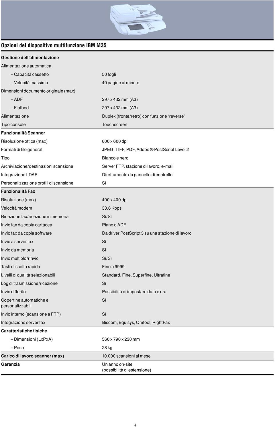 di file generati JPEG, TIFF, PDF, Adobe PostScript Level 2 Tipo Bianco e nero Archiviazione/destinazioni scansione Server FTP, stazione di lavoro, e-mail Integrazione LDAP Direttamente da pannello di