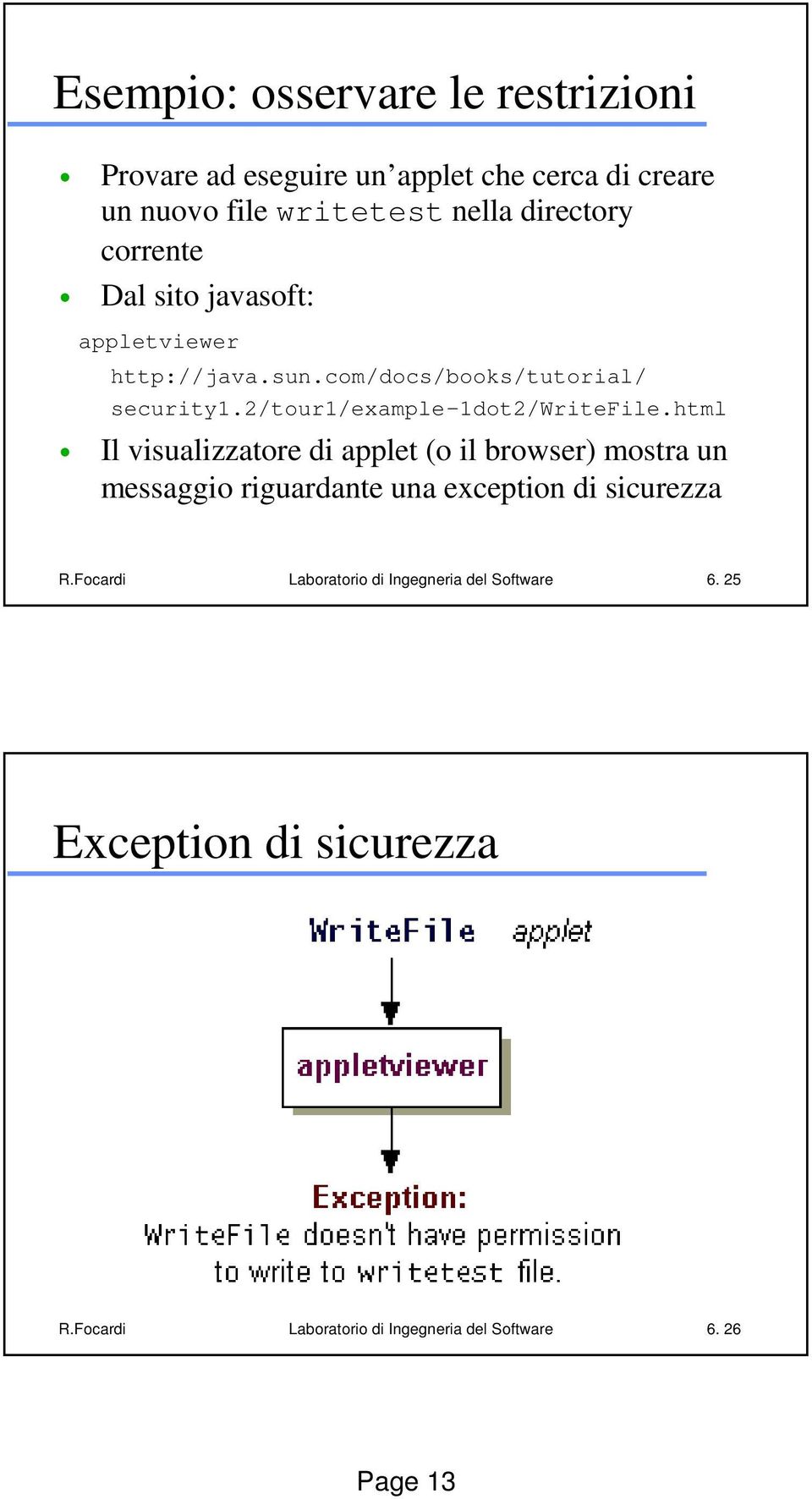 html Il visualizzatore di applet (o il browser) mostra un messaggio riguardante una exception di sicurezza R.