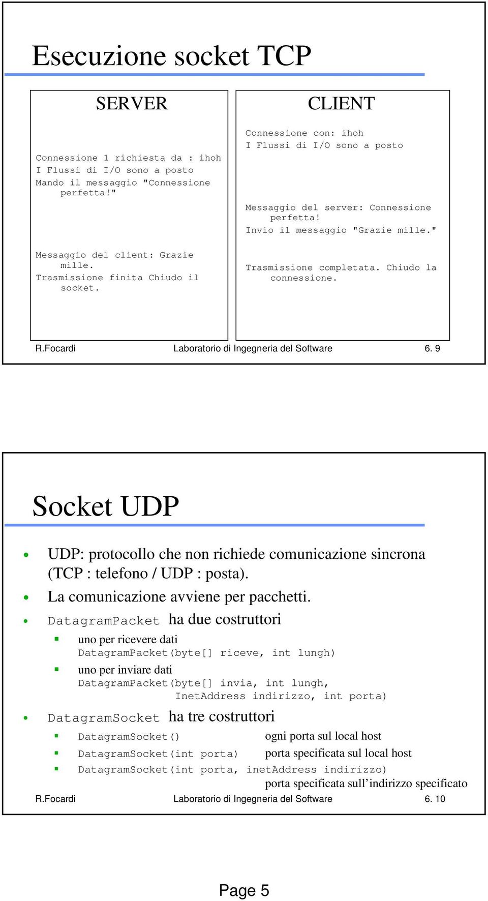 Trasmissione finita Chiudo il socket. Trasmissione completata. Chiudo la connessione. R.Focardi Laboratorio di Ingegneria del Software 6.
