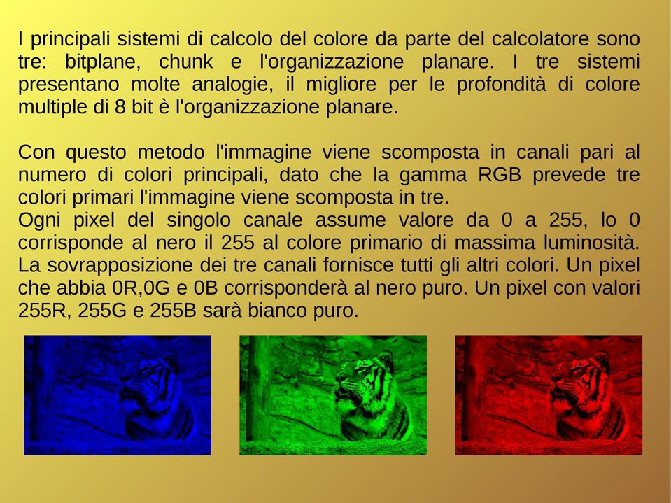 Con questo metodo l'immagine viene scomposta in canali pari al numero di colori principali, dato che la gamma RGB prevede tre colori primari l'immagine viene scomposta in tre.