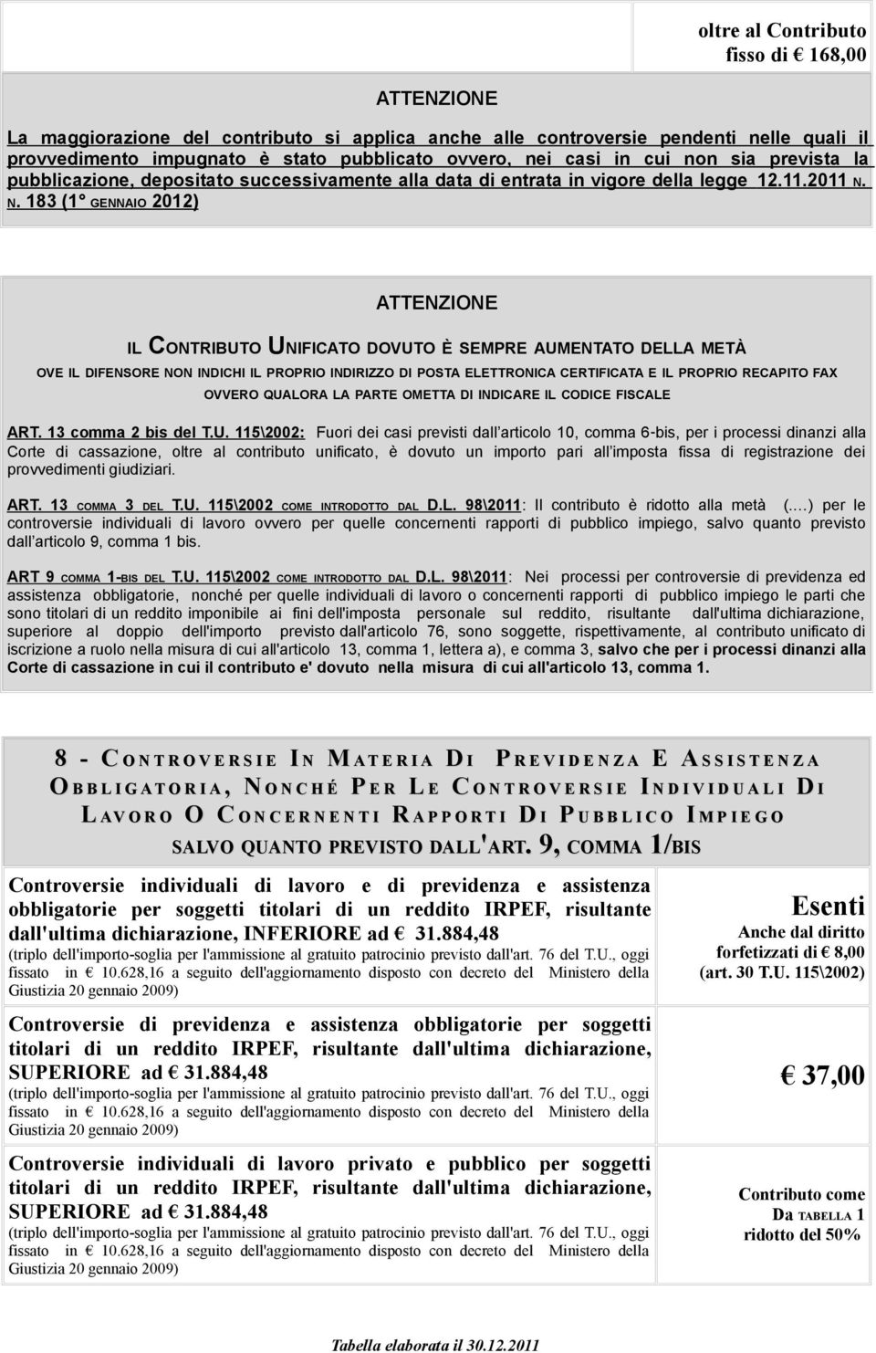 N. 183 (1 GENNAIO 2012) IL CONTRIBUTO UNIFICATO DOVUTO È SEMPRE AUMENTATO DELLA METÀ OVE IL DIFENSORE NON INDICHI IL PROPRIO INDIRIZZO DI POSTA ELETTRONICA CERTIFICATA E IL PROPRIO RECAPITO FAX