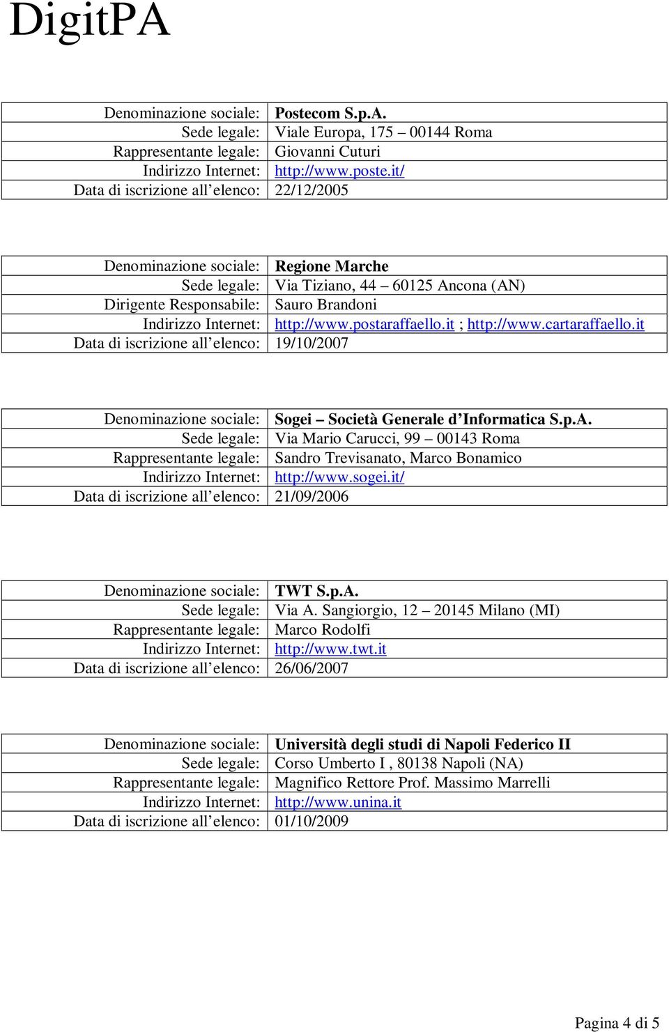 cartaraffaello.it Data di iscrizione all elenco: 19/10/2007 Denominazione sociale: Sogei Società Generale d Informatica S.p.A.