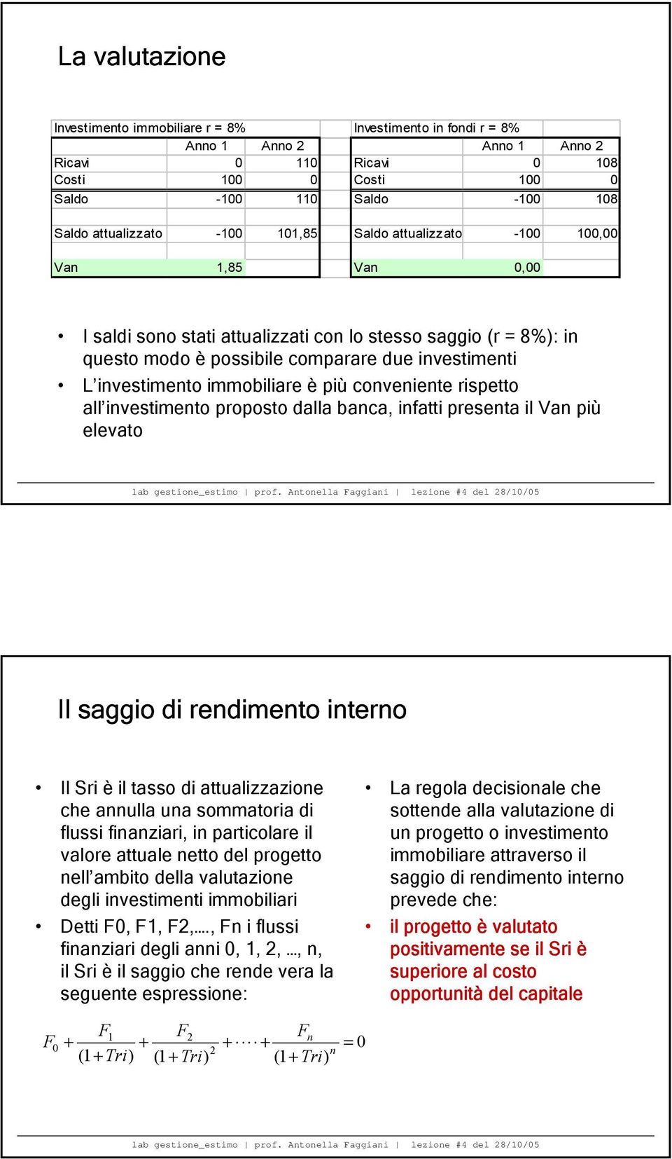 investimento immobiliare è più conveniente rispetto all investimento proposto dalla banca, infatti presenta il Van più elevato Il saggio di rendimento interno Il Sri è il tasso di attualizzazione che