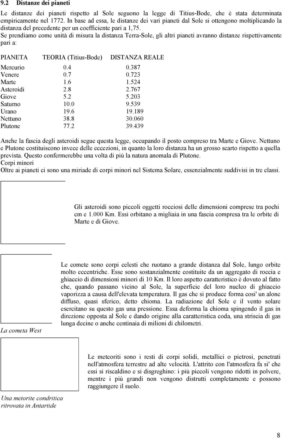 Se prendiamo come unità di misura la distanza Terra-Sole, gli altri pianeti avranno distanze rispettivamente pari a: PIANETA TEORIA (Titius-Bode) DISTANZA REALE Mercurio 0.4 0.387 Venere 0.7 0.