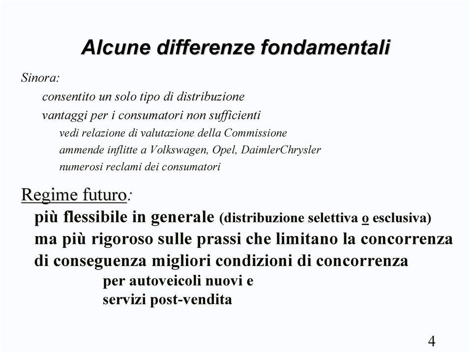 consumatori Regime futuro Regime futuro: più flessibile in generale (distribuzione selettiva o esclusiva) ma più rigoroso