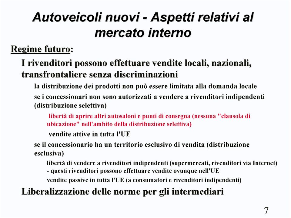 consegna (nessuna "clausola di ubicazione" nell'ambito della distribuzione selettiva) vendite attive in tutta l'ue se il concessionario ha un territorio esclusivo di vendita (distribuzione esclusiva)