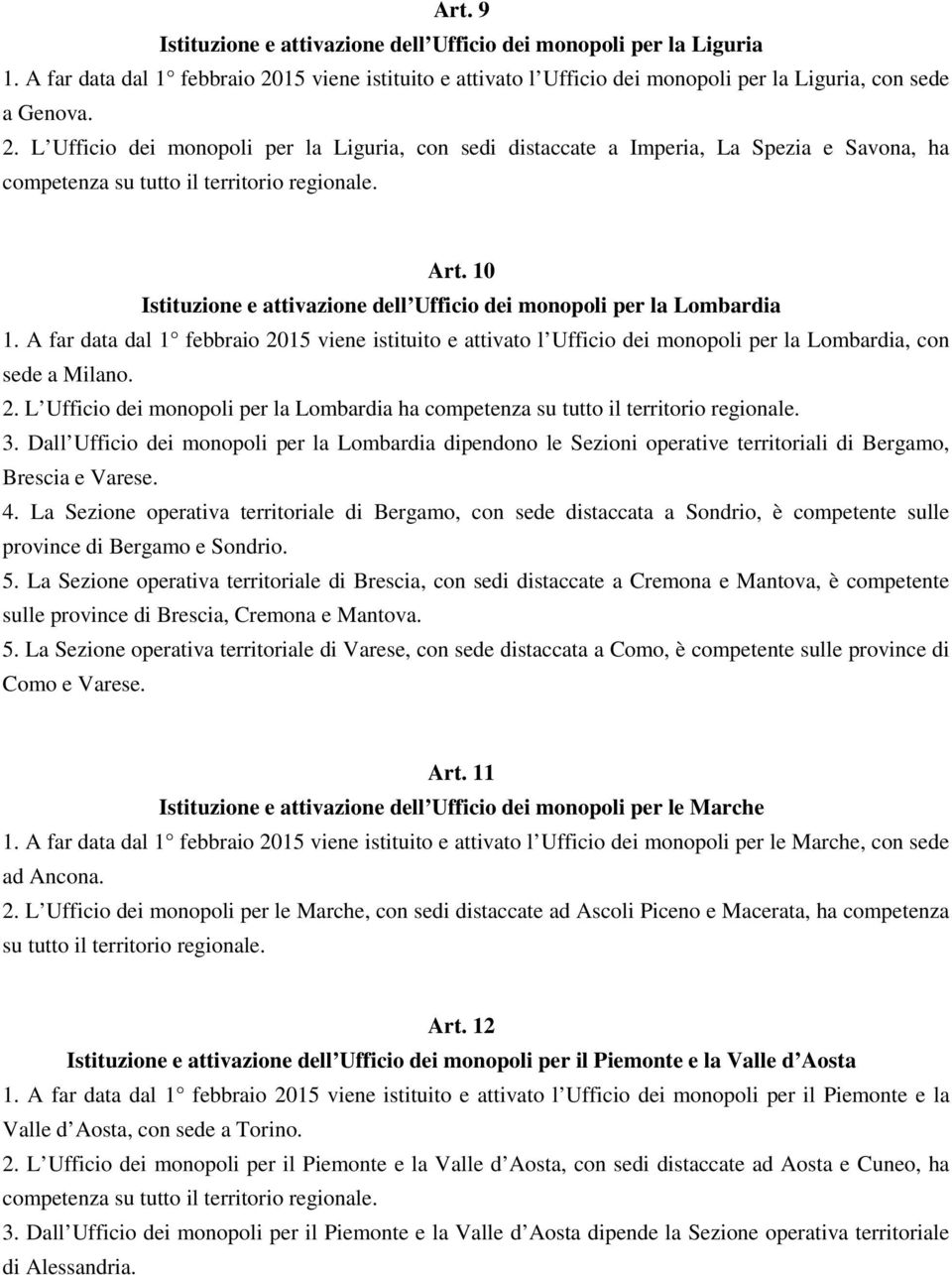 L Ufficio dei monopoli per la Liguria, con sedi distaccate a Imperia, La Spezia e Savona, ha competenza su tutto il territorio regionale. Art.