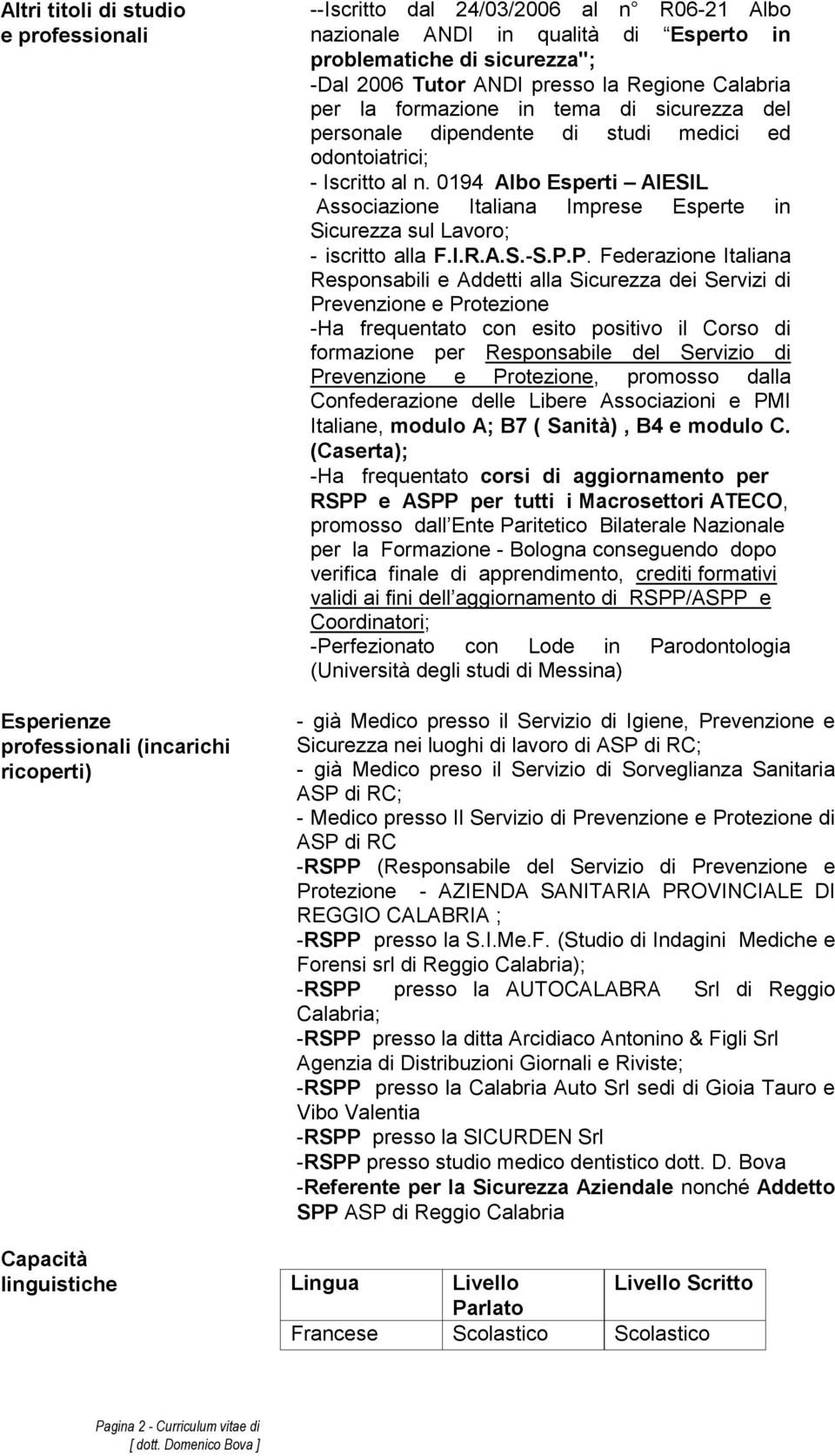 0194 Albo Esperti AIESIL Associazione Italiana Imprese Esperte in Sicurezza sul Lavoro; - iscritto alla F.I.R.A.S.-S.P.