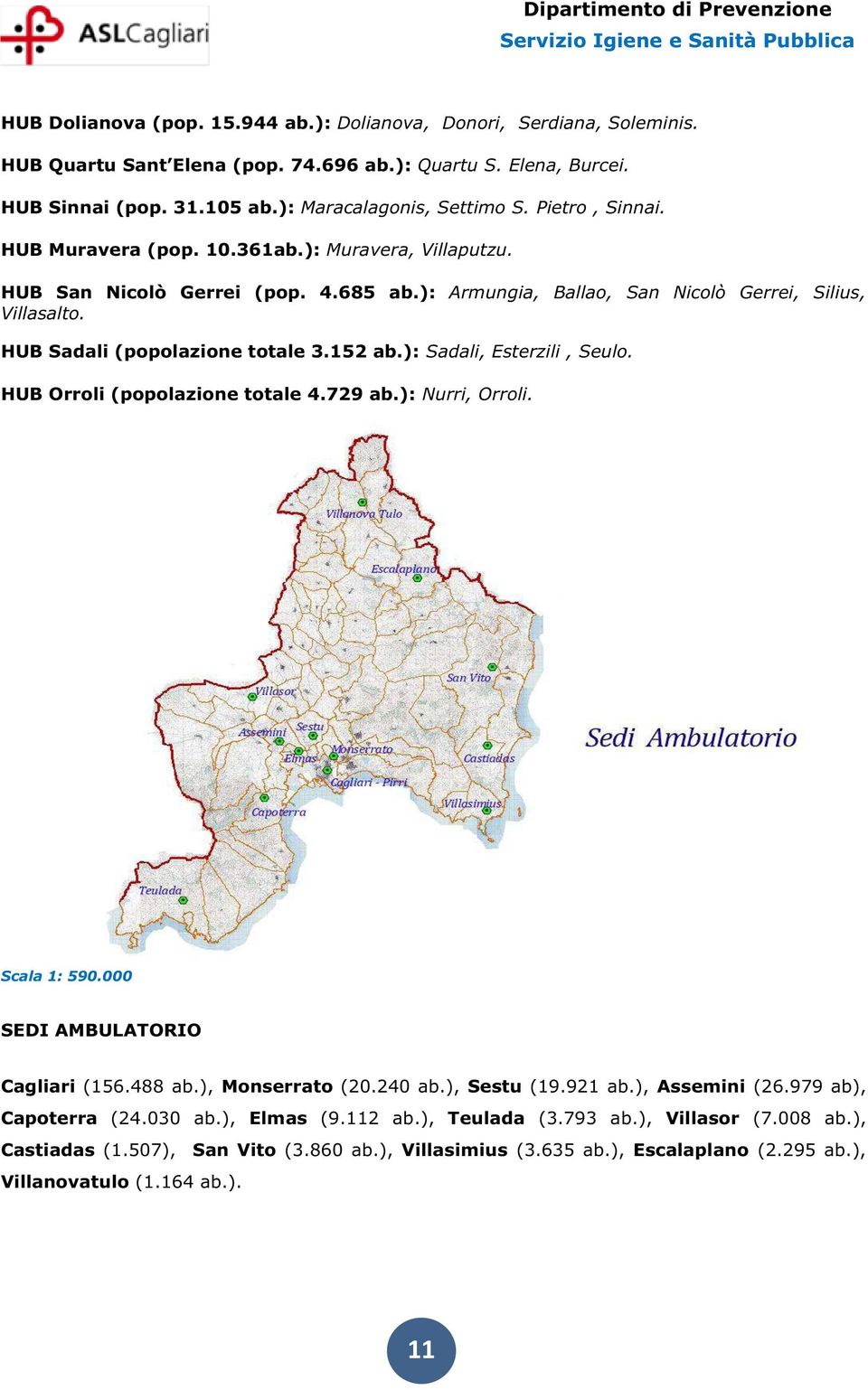 152 ab.): Sadali, Esterzili, Seulo. HUB Orroli (popolazione totale 4.729 ab.): Nurri, Orroli. Scala 1: 590.000 SEDI AMBULATORIO Cagliari (156.488 ab.), Monserrato (20.240 ab.), Sestu (19.921 ab.