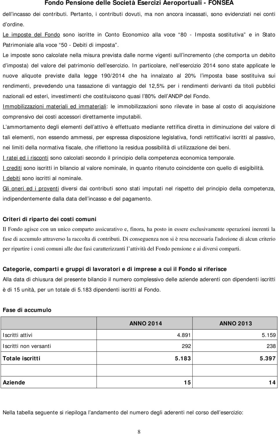 Le imposte sono calcolate nella misura prevista dalle norme vigenti sull incremento (che comporta un debito d imposta) del valore del patrimonio dell esercizio.