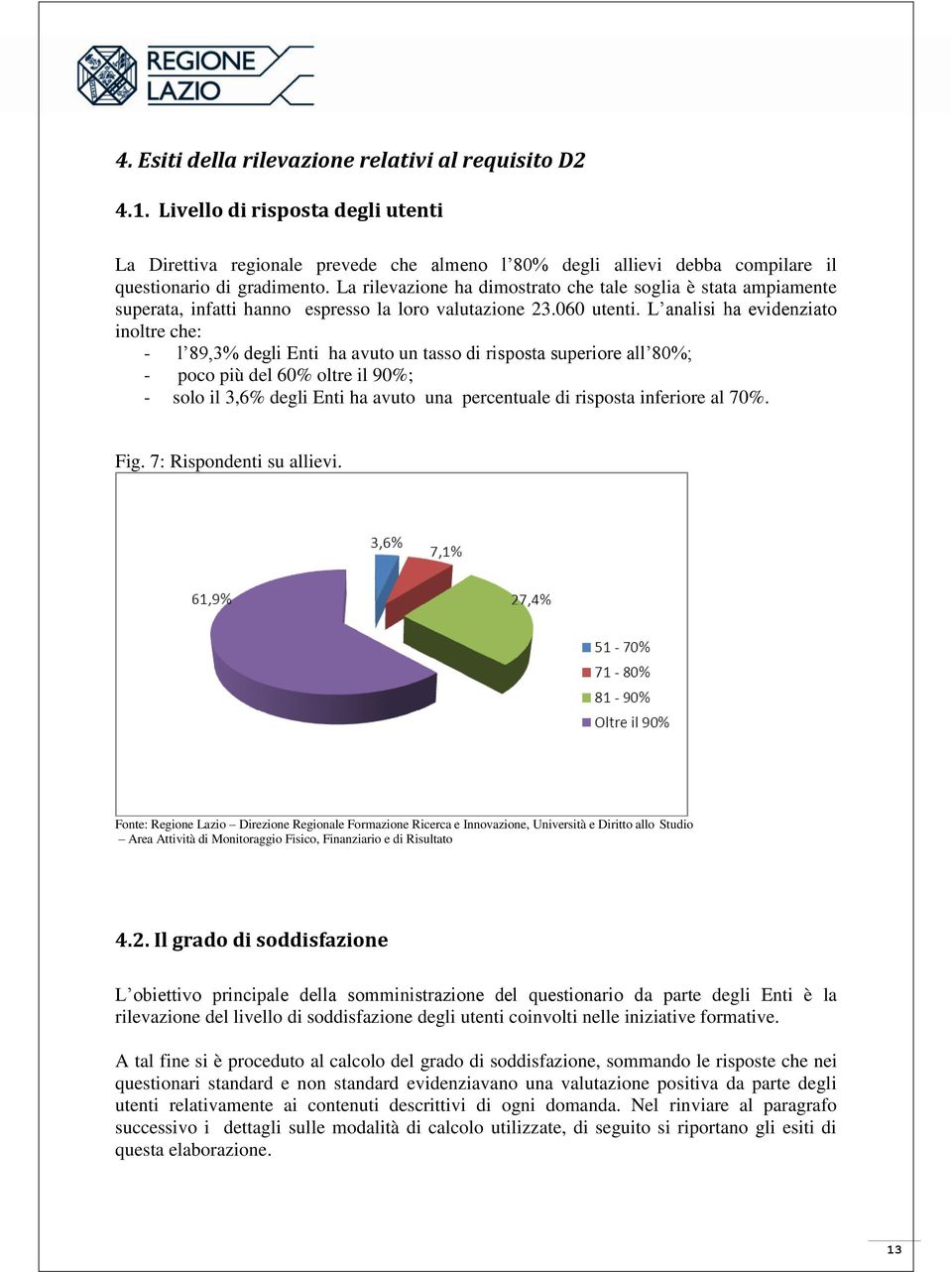 L analisi ha evidenziato inoltre che: - l 89,3% degli Enti ha avuto un tasso di risposta superiore all 80%; - poco più del 60% oltre il 90%; - solo il 3,6% degli Enti ha avuto una percentuale di