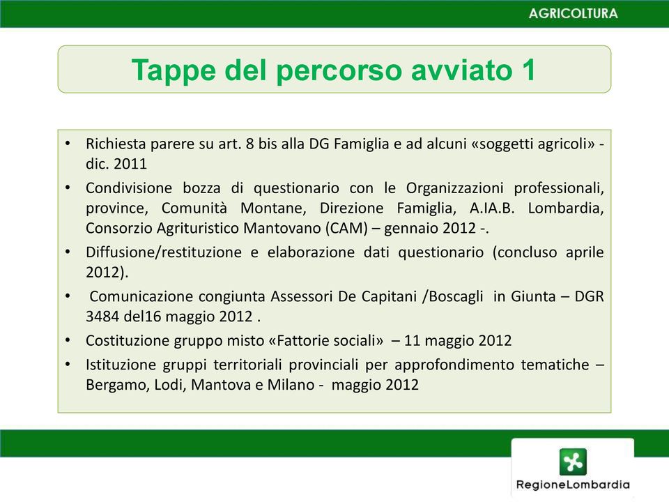 Lombardia, Consorzio Agrituristico Mantovano (CAM) gennaio 2012 -. Diffusione/restituzione e elaborazione dati questionario (concluso aprile 2012).