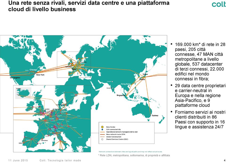 000 edifici nel mondo connessi in fibra; 29 data centre proprietari e carrier-neutral in Europa e nella regione Asia-Pacifico, e 9 piattaforme