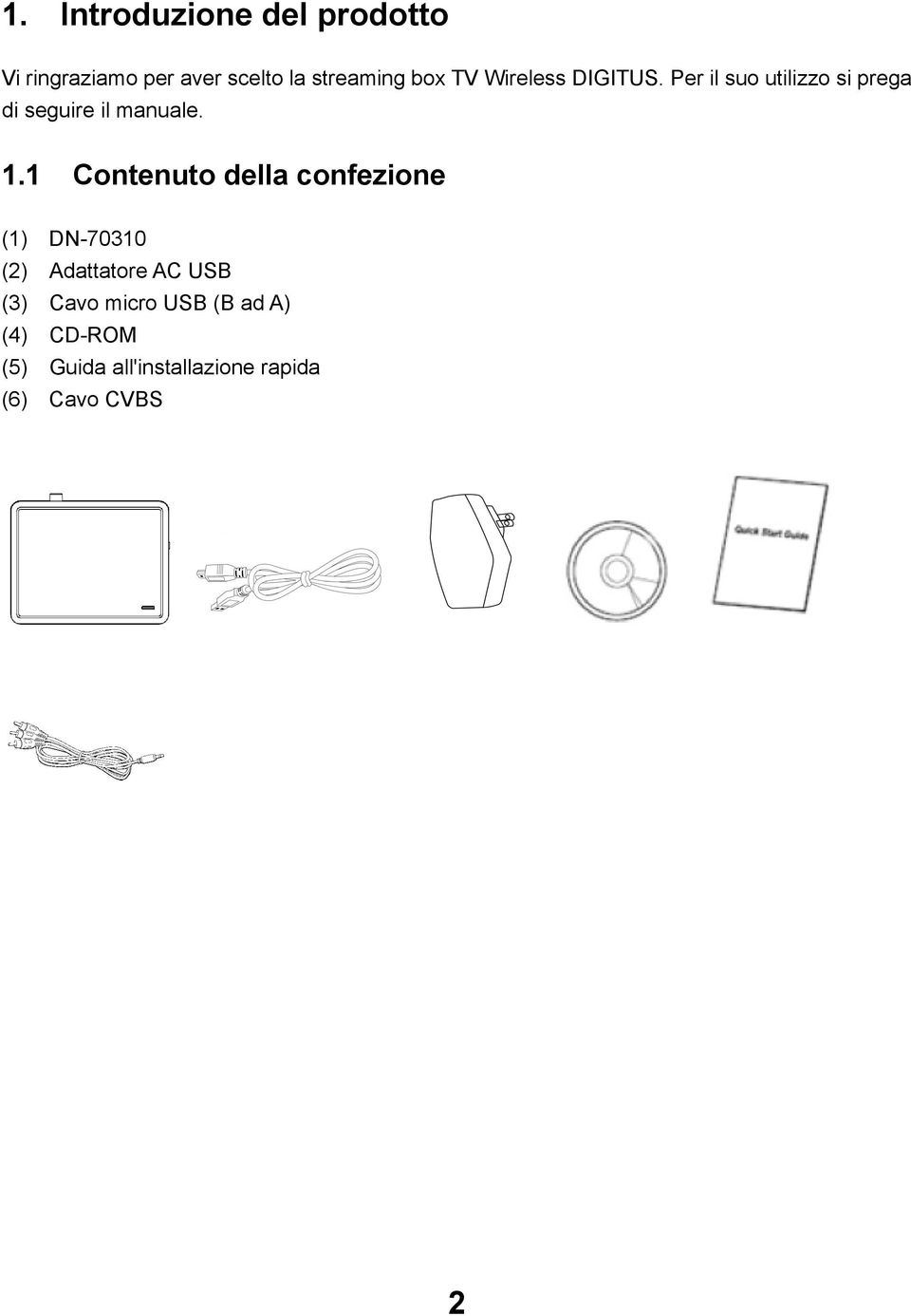 1 Contenuto della confezione (1) DN-70310 (2) Adattatore AC USB (3) Cavo