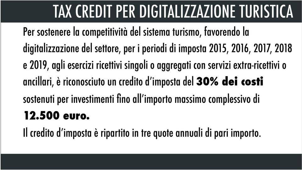 aggregati con servizi extra-ricettivi o ancillari, è riconosciuto un credito d imposta del 30% dei costi sostenuti per