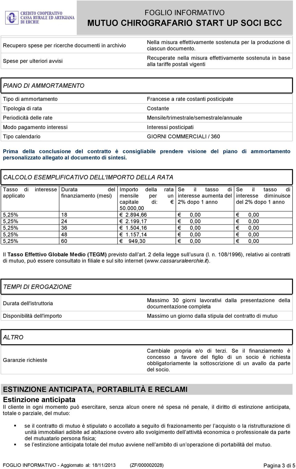 Francese a rate costanti posticipate Costante Mensile/trimestrale/semestrale/annuale Interessi posticipati Tipo calendario GIORNI COMMERCIALI/ 360 Prima della conclusione del contratto è