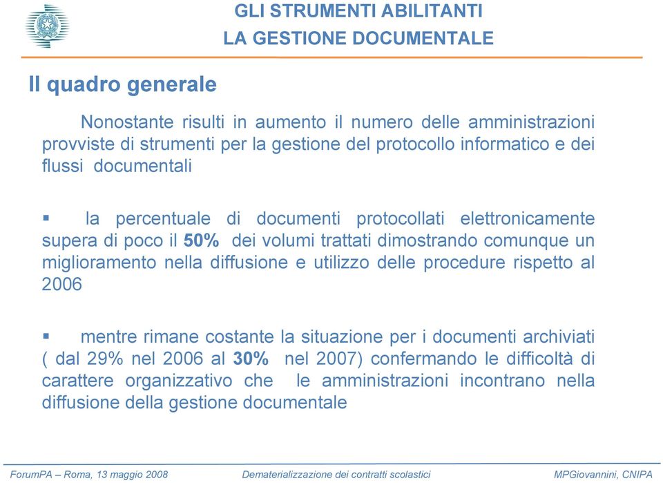 dimostrando comunque un miglioramento nella diffusione e utilizzo delle procedure rispetto al 2006 mentre rimane costante la situazione per i documenti