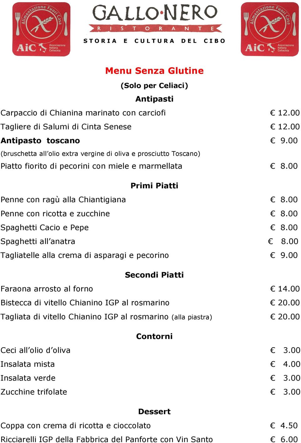 00 Penne con ricotta e zucchine 8.00 Spaghetti Cacio e Pepe 8.00 Spaghetti all anatra 8.00 Tagliatelle alla crema di asparagi e pecorino 9.00 Secondi Piatti Faraona arrosto al forno 14.