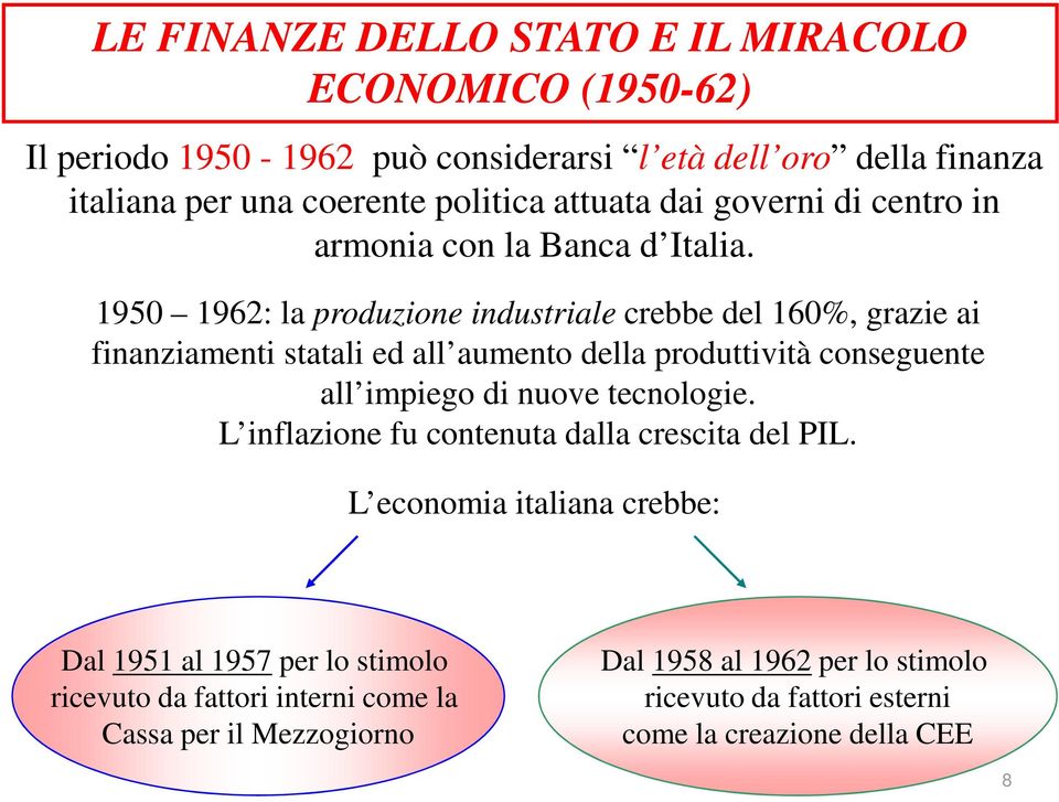 1950 1962: la produzione industriale crebbe del 160%, grazie ai finanziamenti statali ed all aumento della produttività conseguente all impiego di nuove