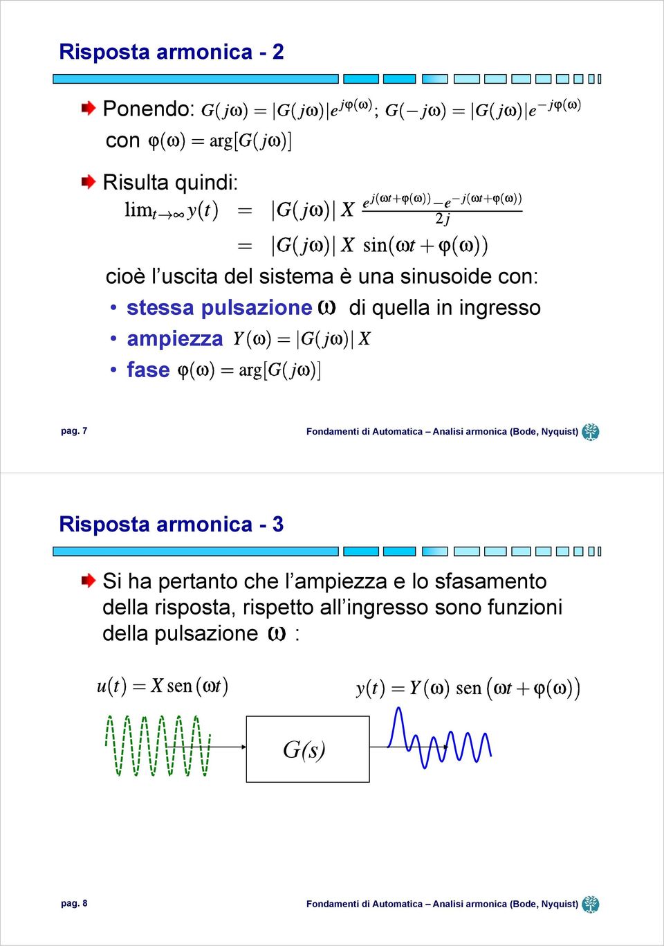 7 Risposta armonica - 3 Si ha pertanto che l ampiezza e lo sfasamento della