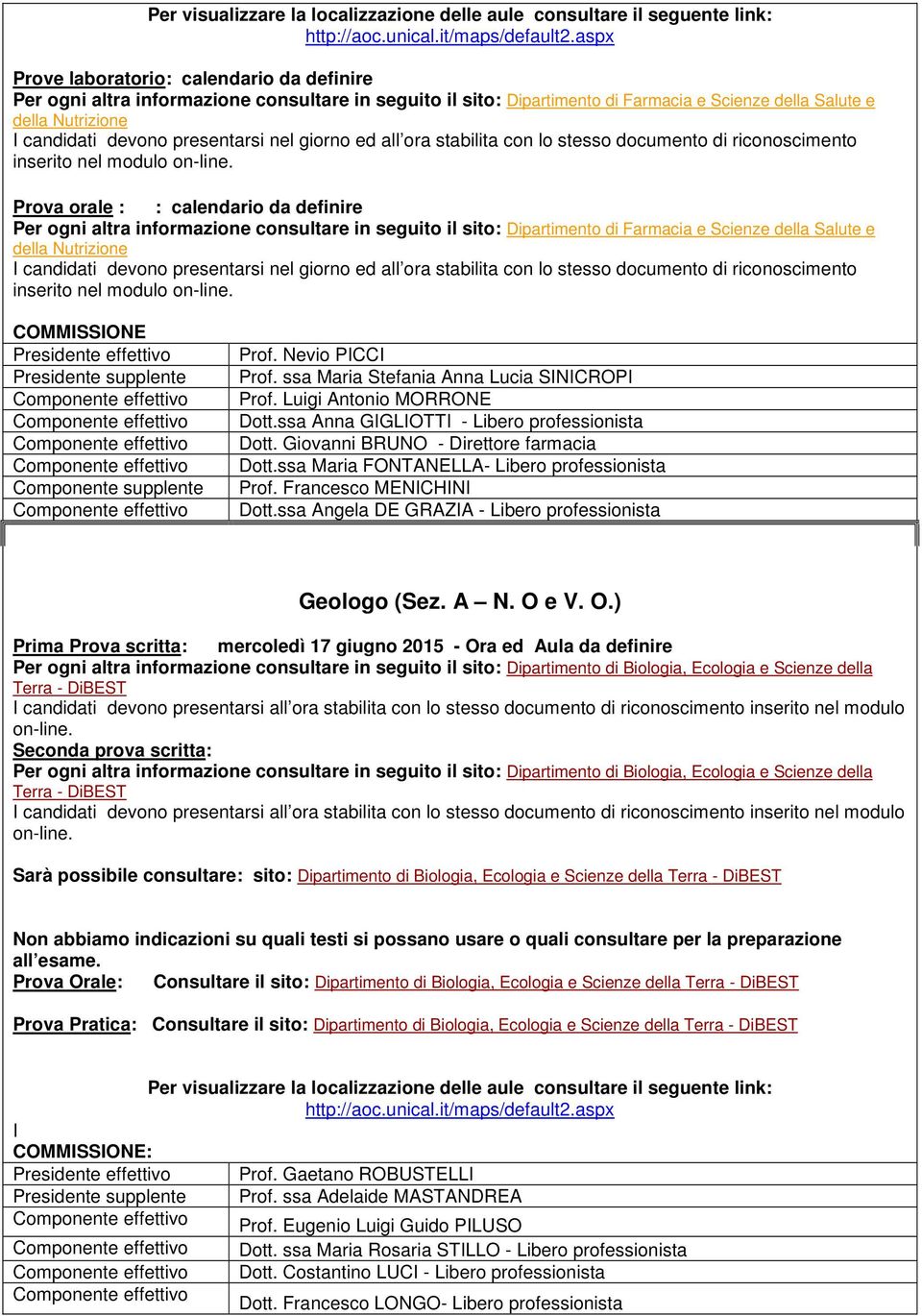 ssa Maria Stefania Anna Lucia SINICROPI Prof. Luigi Antonio MORRONE Dott.ssa Anna GIGLIOTTI - Libero professionista Dott. Giovanni BRUNO - Direttore farmacia Dott.