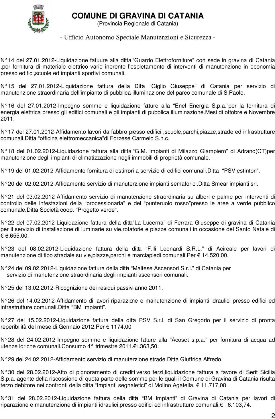 economia presso edifici,scuole ed impianti sportivi comunali. N 15 del 27.01.