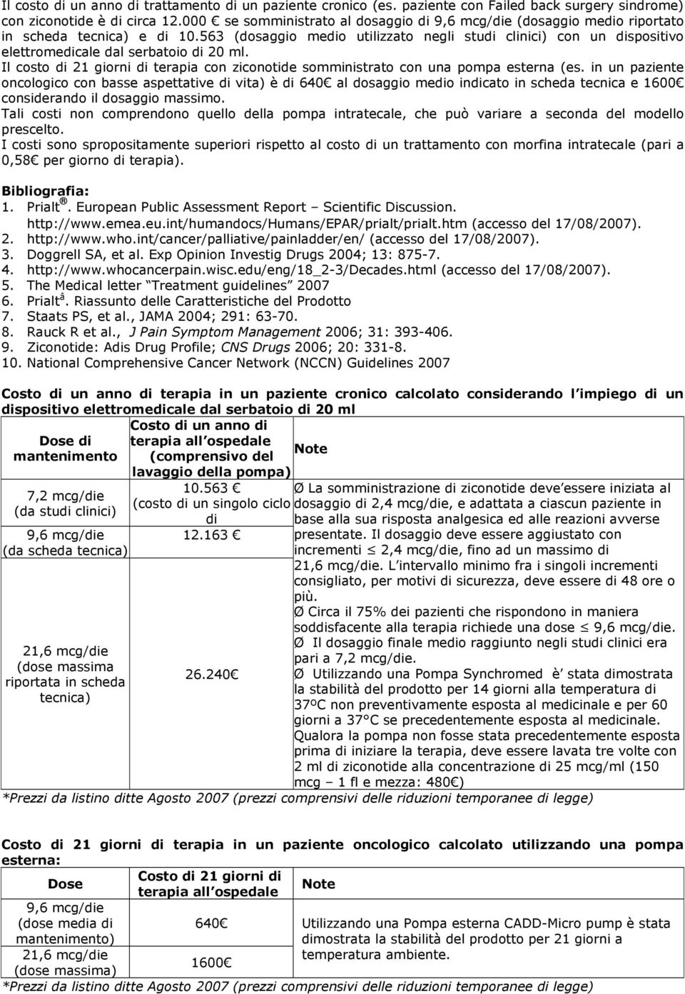 563 (dosaggio medio utilizzato negli studi clinici) con un dispositivo elettromedicale dal serbatoio di 20 ml. Il costo di 21 giorni di terapia con ziconotide somministrato con una pompa esterna (es.