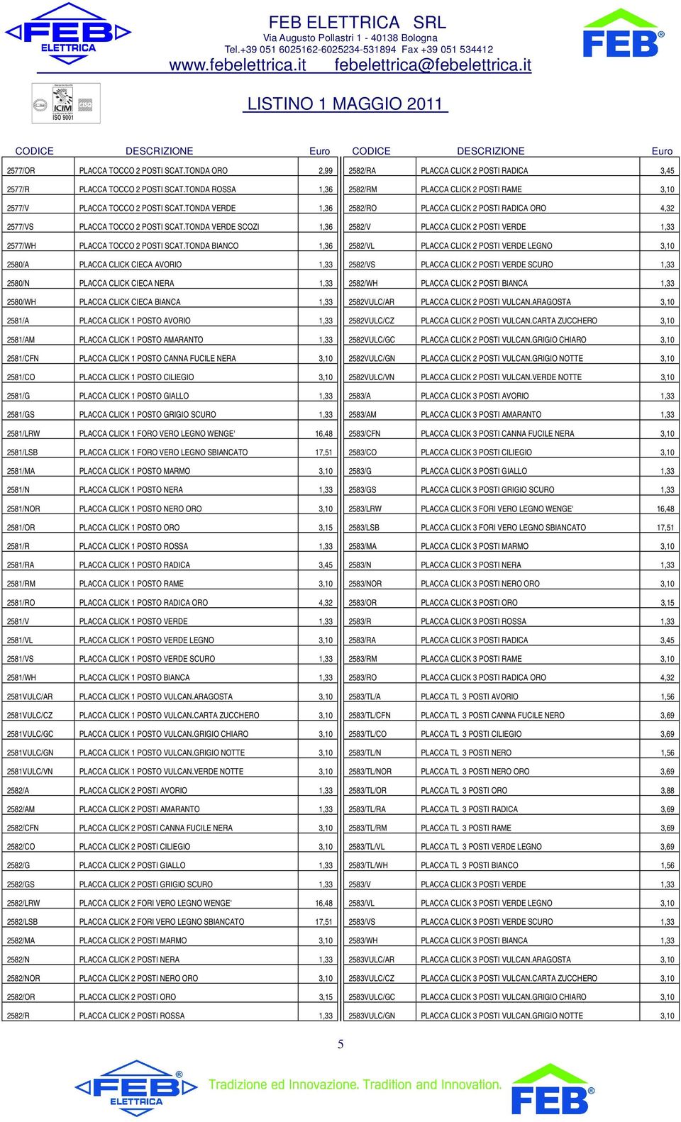 TONDA BIANCO 1,36 2580/A PLACCA CLICK CIECA AVORIO 1,33 2580/N PLACCA CLICK CIECA NERA 1,33 2580/WH PLACCA CLICK CIECA BIANCA 1,33 2581/A PLACCA CLICK 1 POSTO AVORIO 1,33 2581/AM PLACCA CLICK 1 POSTO