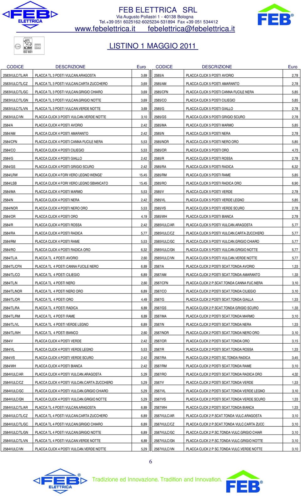 VERDE NOTTE 3,10 2584/A PLACCA CLICK 4 POSTI AVORIO 2,42 2584/AM PLACCA CLICK 4 POSTI AMARANTO 2,42 2584/CFN PLACCA CLICK 4 POSTI CANNA FUCILE NERA 5,53 2584/CO PLACCA CLICK 4 POSTI CILIEGIO 5,53