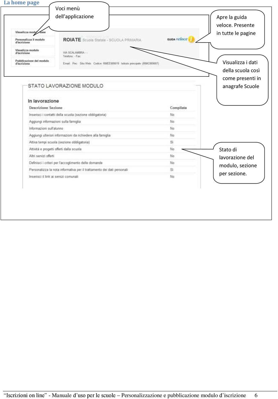 in anagrafe Scuole Stato di lavorazione del modulo, sezione per sezione.