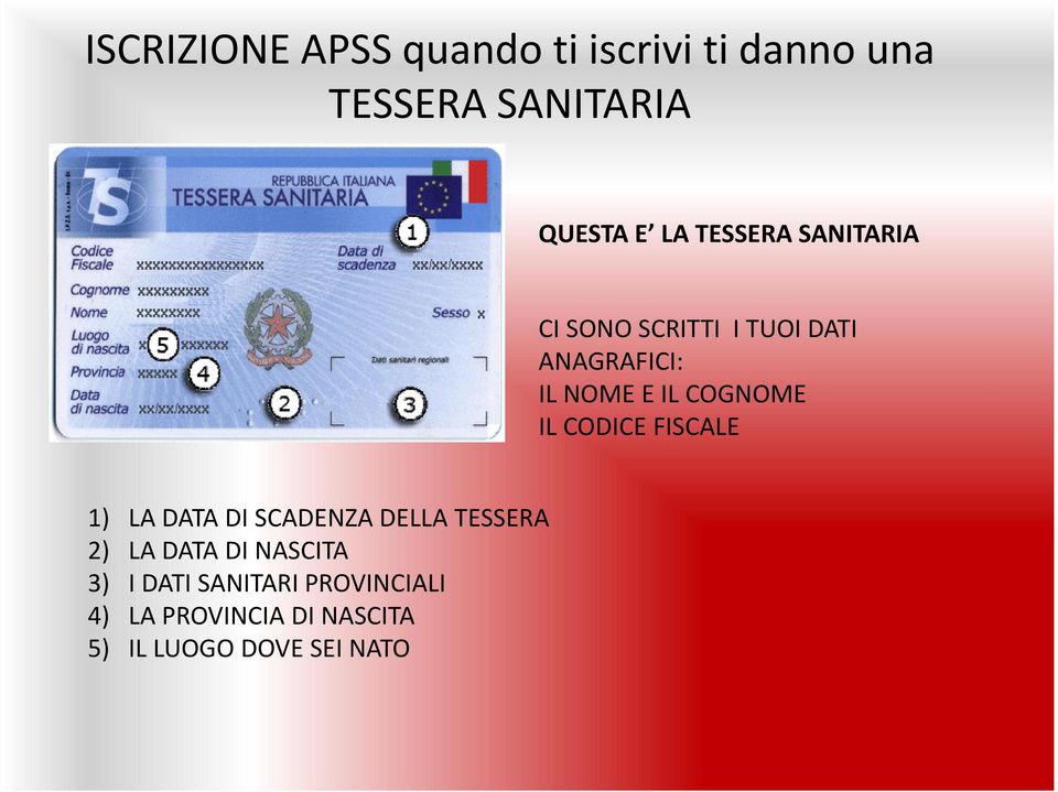 IL CODICE FISCALE 1) LA DATA DI SCADENZA DELLA TESSERA 2) LA DATA DI NASCITA