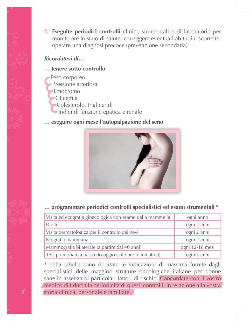 del seno programmare periodici controlli specialistici ed esami strumentali * Visita ed ecografia ginecologica con esame della mammella Pap test Visita dermatologica per il controllo dei nevi