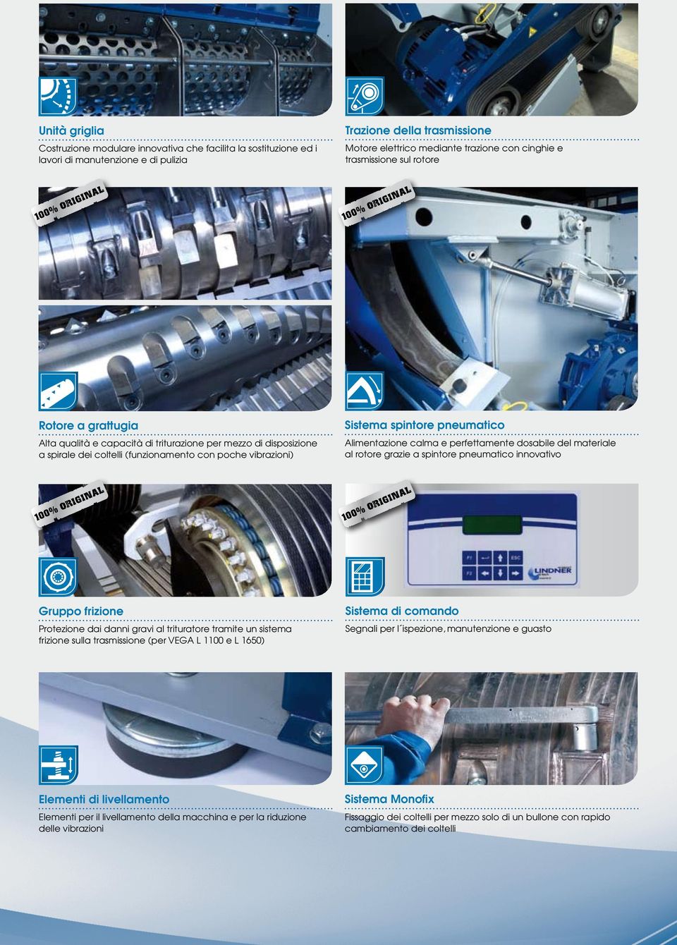 Alimentazione calma e perfettamente dosabile del materiale al rotore grazie a spintore pneumatico innovativo Gruppo frizione Protezione dai danni gravi al trituratore tramite un sistema frizione