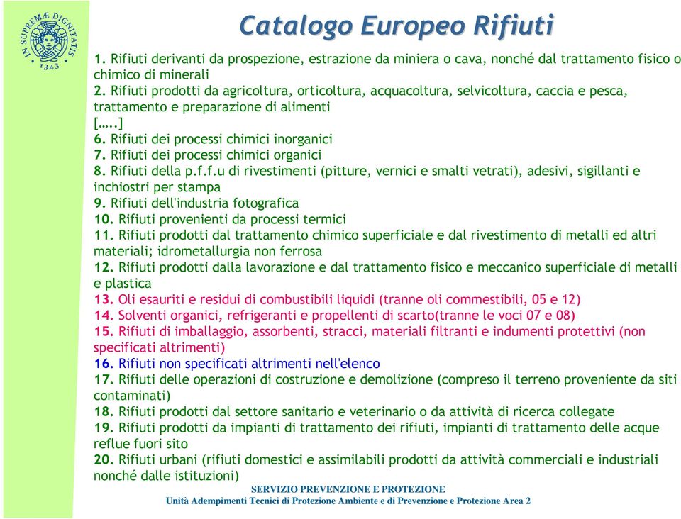 Rifiuti dei processi chimici organici 8. Rifiuti della p.f.f.u di rivestimenti (pitture, vernici e smalti vetrati), adesivi, sigillanti e inchiostri per stampa 9.