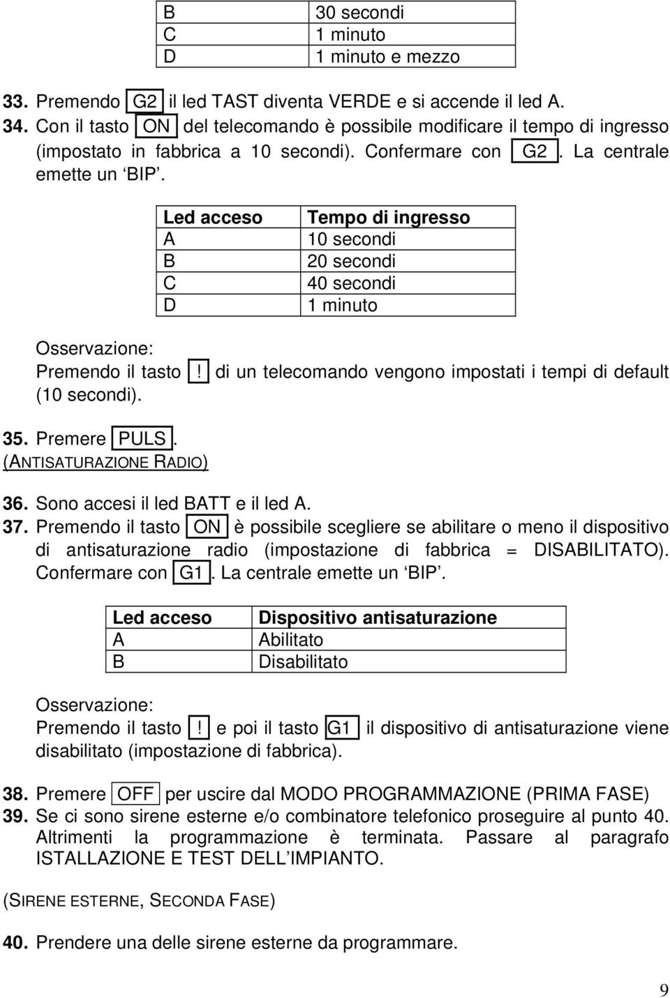 Led acceso A B C D Tempo di ingresso 10 secondi 20 secondi 40 secondi 1 minuto Osservazione: Premendo il tasto! di un telecomando vengono impostati i tempi di default (10 secondi). 35. Premere PULS.