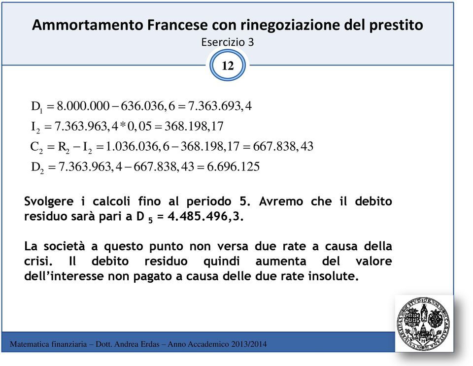 25 Svolgere i clcoli fino l periodo 5. Avremo che il debito residuo srà pri D 5 = 4.485.496,3.