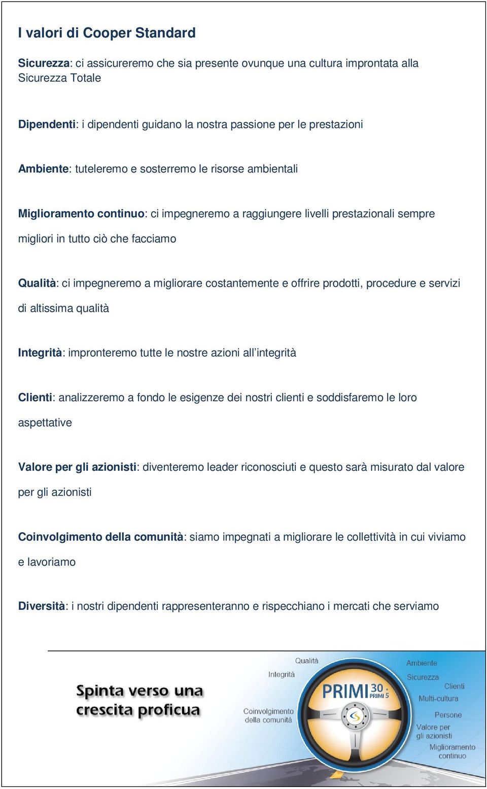 migliorare costantemente e offrire prodotti, procedure e servizi di altissima qualità Integrità: impronteremo tutte le nostre azioni all integrità Clienti: analizzeremo a fondo le esigenze dei nostri