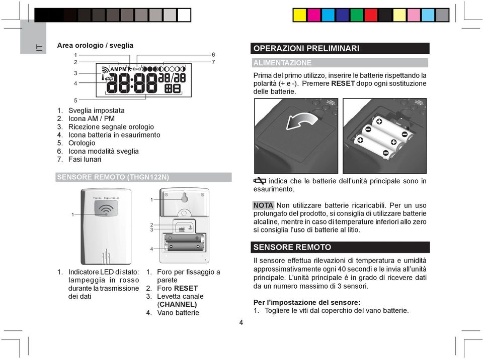 SENSORE REMOTO (THGN122N) indica che le batterie dell unità principale sono in esaurimento. NOTA Non utilizzare batterie ricaricabili.