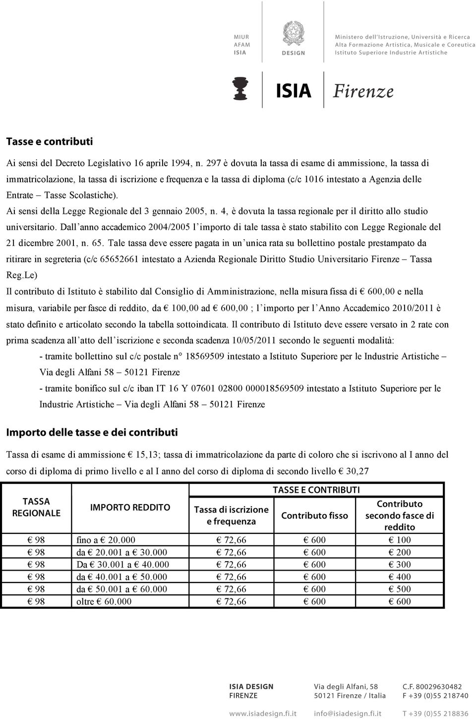 Ai sensi della Legge Regionale del 3 gennaio 2005, n. 4, è dovuta la tassa regionale per il diritto allo studio universitario.