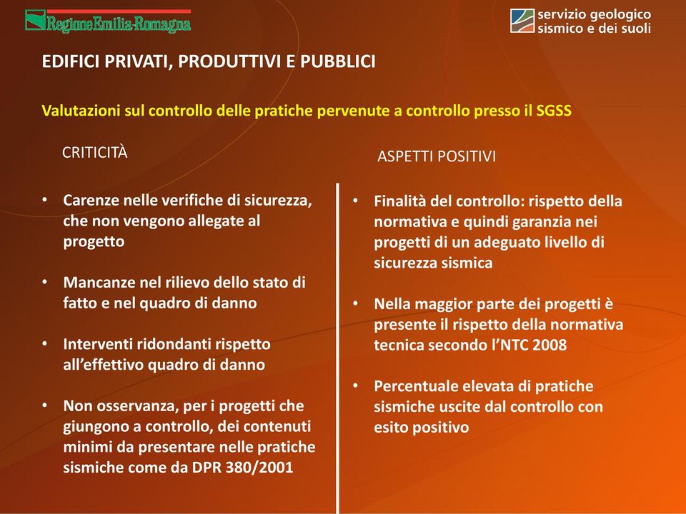 contenuti minimi da presentare nelle pratiche sismiche come da DPR 380/2001 ASPETTI POSITIVI Finalità del controllo: rispetto della normativa e quindi garanzia nei progetti di un adeguato livello