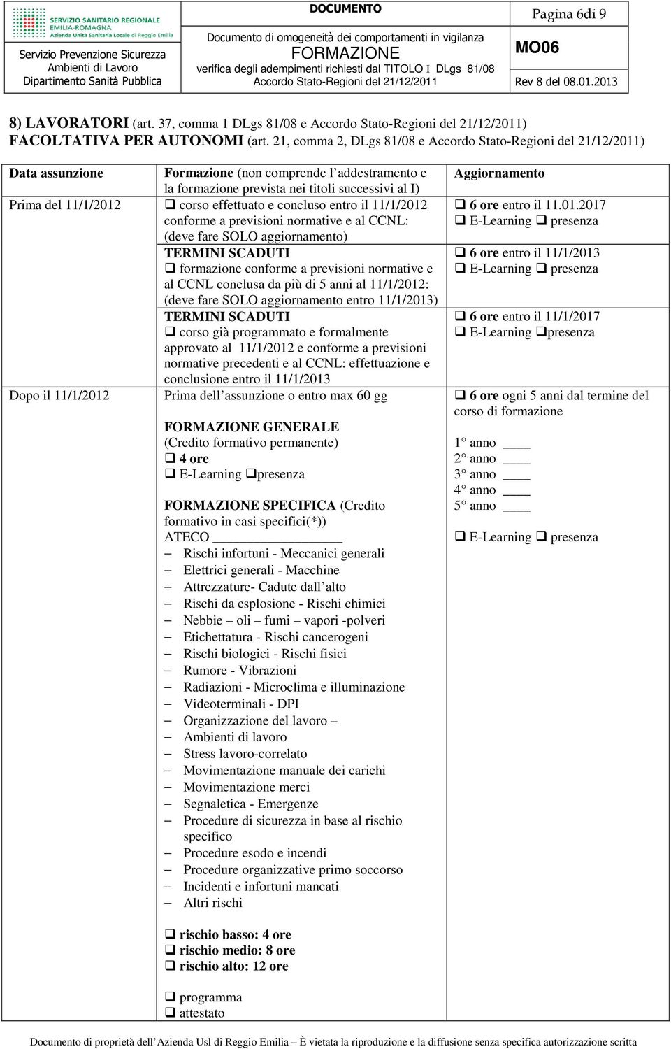 successivi al I) corso effettuato e concluso entro il 11/1/2012 conforme a previsioni normative e al CCNL: (deve fare SOLO aggiornamento) formazione conforme a previsioni normative e al CCNL conclusa