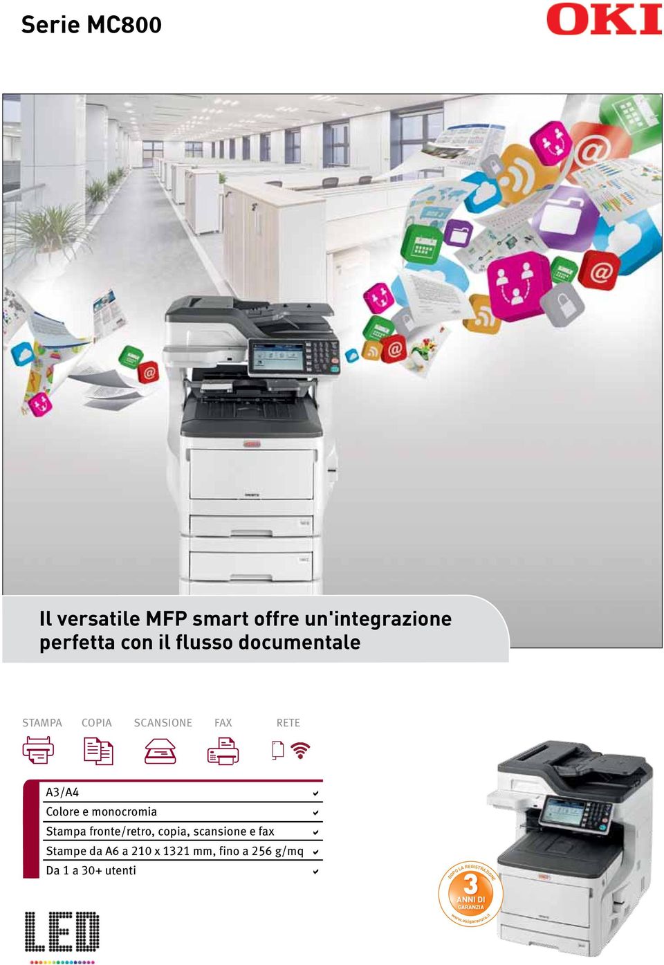 fronte/retro, copia, scansione e fax a Stampe da A6 a 210 x 1321 mm, fino a 256