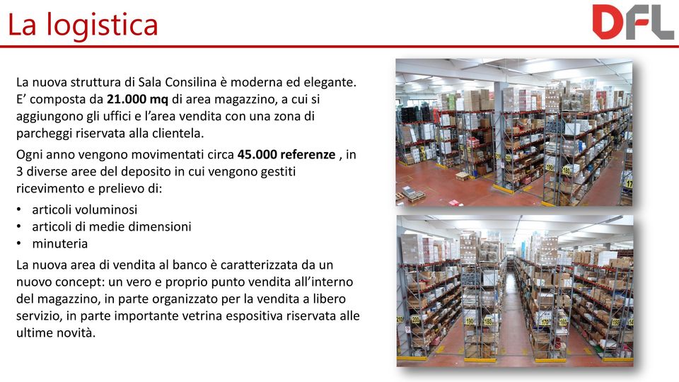 000 referenze, in 3 diverse aree del deposito in cui vengono gestiti ricevimento e prelievo di: articoli voluminosi articoli di medie dimensioni minuteria La nuova