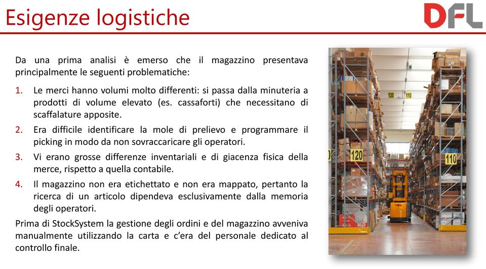 Era difficile identificare la mole di prelievo e programmare il picking in modo da non sovraccaricare gli operatori. 3.