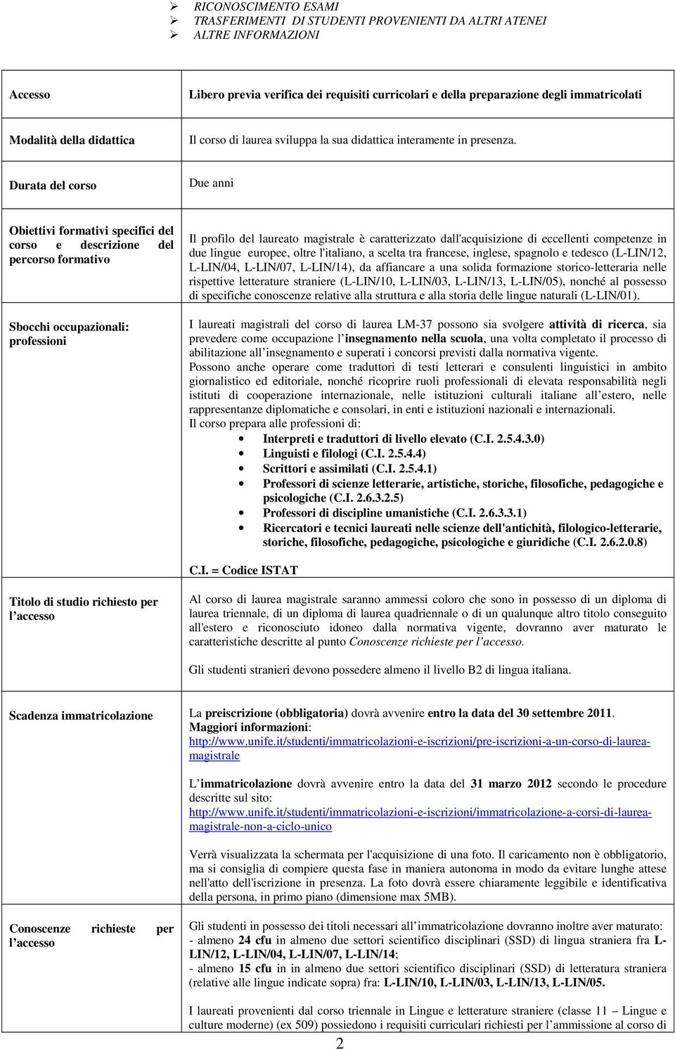 Durata del corso Due anni Obiettivi formativi specifici del corso e descrizione del percorso formativo Sbocchi occupazionali: professioni Il profilo del laureato magistrale è caratterizzato