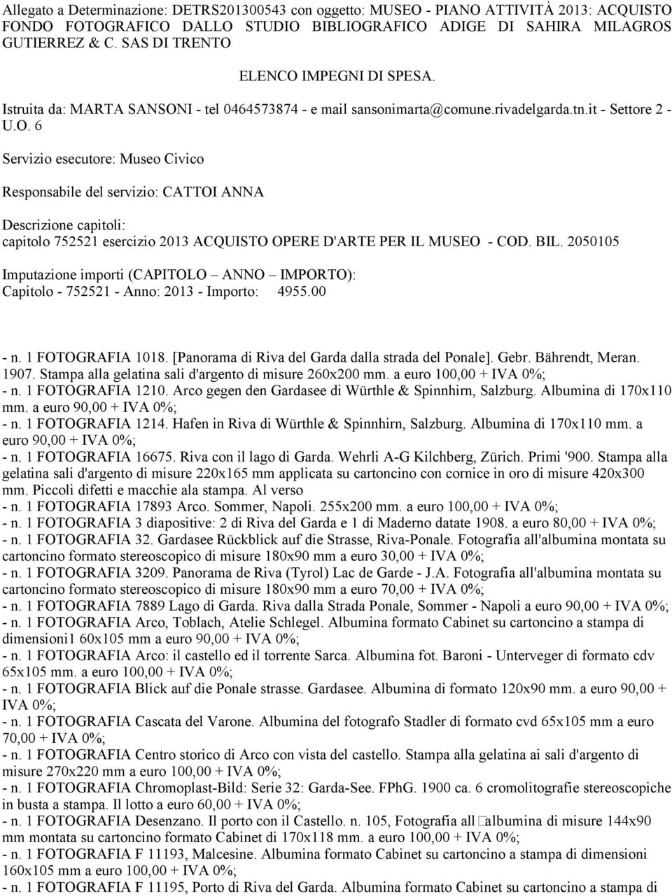 BIL. 2050105 Imputazione importi (CAPITOLO ANNO IMPORTO): Capitolo - 752521 - Anno: 2013 - Importo: 4955.00 - n. 1 FOTOGRAFIA 1018. [Panorama i Riva el Gara alla straa el Ponale]. Gebr.