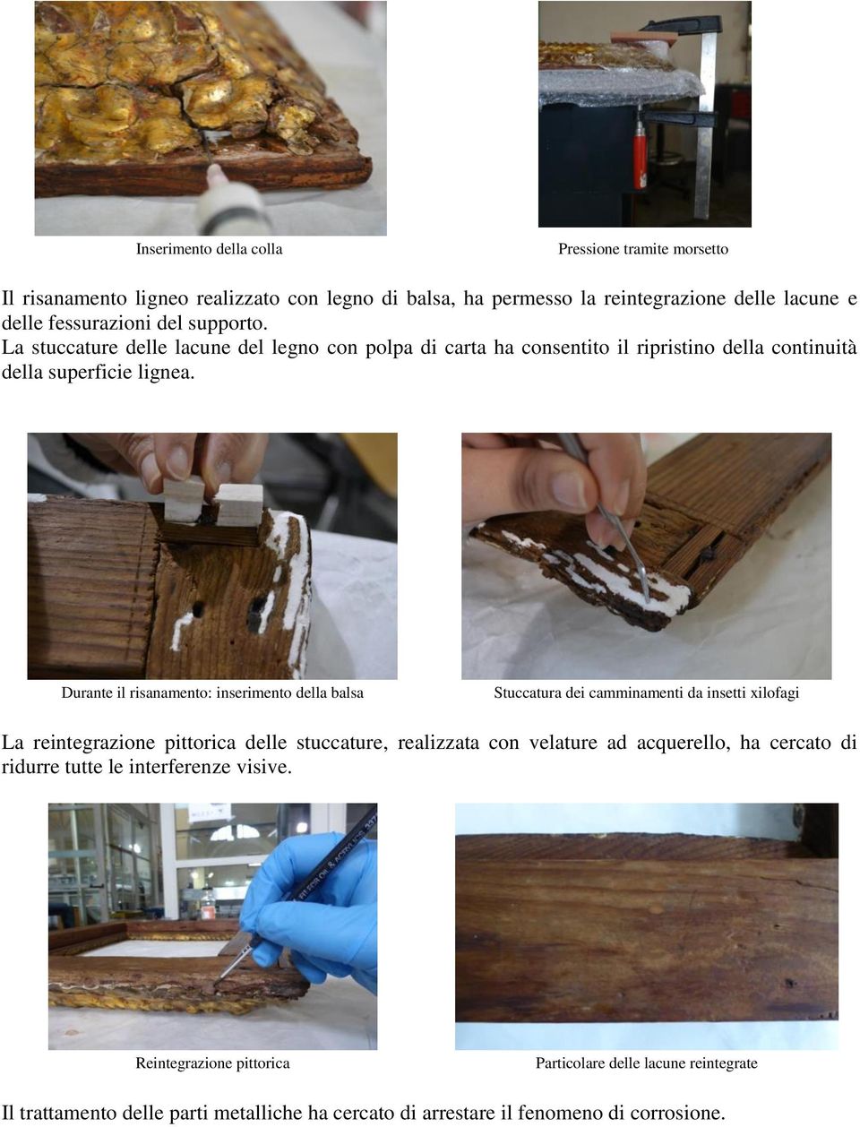 Durante il risanamento: inserimento della balsa Stuccatura dei camminamenti da insetti xilofagi La reintegrazione pittorica delle stuccature, realizzata con velature ad