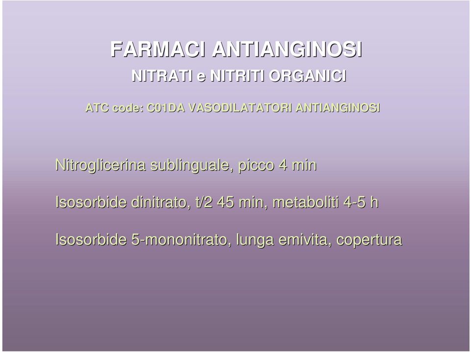 sublinguale,, picco 4 min Isosorbide dinitrato,, t/2 45