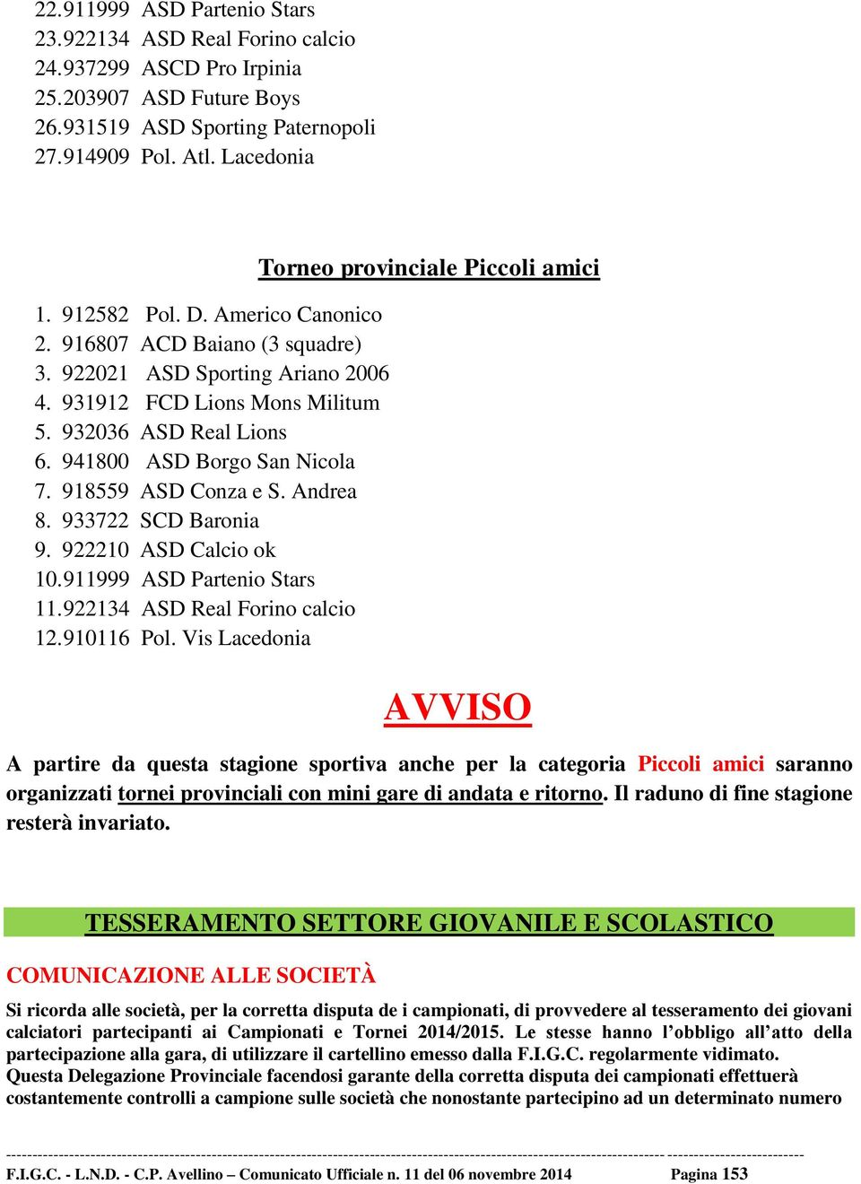 918559 ASD Conza e S. Andrea 8. 933722 SCD Baronia 9. 922210 ASD Calcio ok 10. 911999 ASD Partenio Stars 11. 922134 ASD Real Forino calcio 12. 910116 Pol.